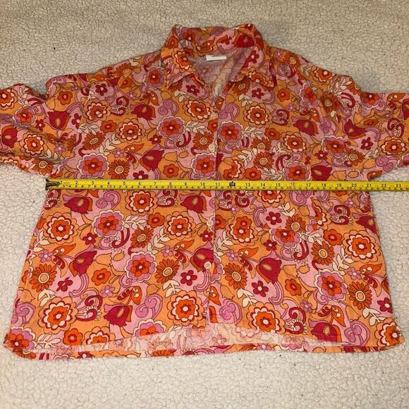 Social Tourist Groovy Retro Floral Pattern Pink Orange Collared Button Shirt Med - Picture 9 of 13
